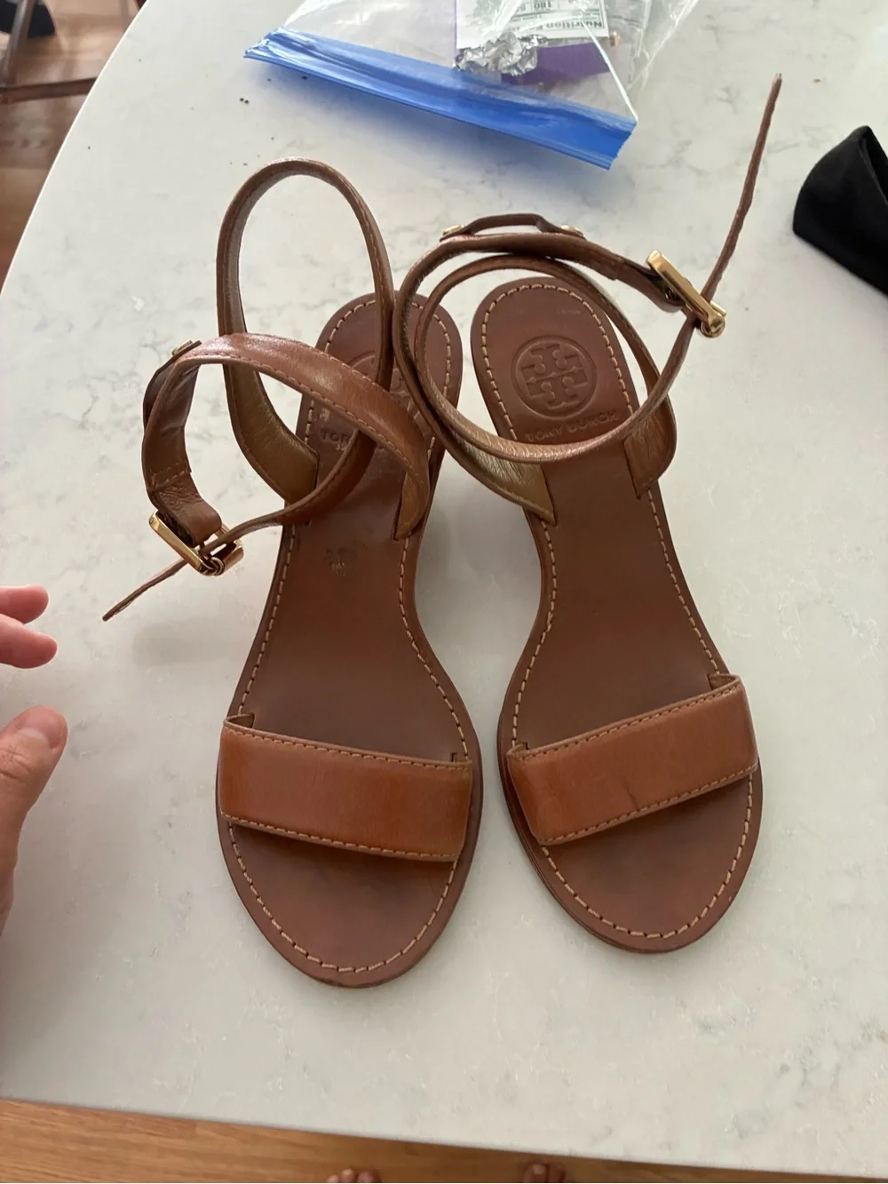 Tory Burch Cognac Leather Ankle-Strap Wedge Sandals